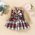 Plaid Splicing Lapel Button Down Belted Long-sleeve Baby Blazer Dress Pale Yellow image 1