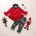 Christmas 3pcs Baby Red Long-sleeve Ruffle Top and All Over Gingerbread Man Print Trousers Set Red
