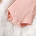 4pcs Baby Pink Ribbed Long-sleeve Romper and Floral Print Ruffle Shorts with Socks Set Pink