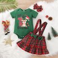 Christmas 3pcs Reindeer and Letter Print Short-sleeve Romper and Plaid Suspender Skirt Set Dark Green