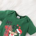Christmas 3pcs Reindeer and Letter Print Short-sleeve Romper and Plaid Suspender Skirt Set Dark Green
