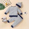 3pcs Baby Cartoon Penguin Pattern Blue Striped Long-sleeve Pullover and Trousers Set White