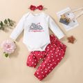 3pcs Baby Cartoon Elephant and Letter Embroidered Long-sleeve Romper with Polka Dots Trousers Set White