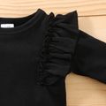 3pcs Baby Girl Black Ribbed Ruffle Bell Sleeve Romper and Leopard Trousers Set Black