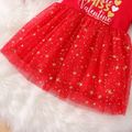 Valentine's Day 2pcs Baby Girl Letter Print Red Long-sleeve Glitter Stars Mesh Dress Set Red