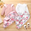 2-piece Toddler Girl Ruffled Schiffy Cable Knit Textured Long-sleeve top and Floral Print Belted Pants Set Beige