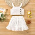 2pcs Baby Girl White Hollow Out Embroidered Button Up Sleeveless Tank Top and Ruffle Skirt Set White