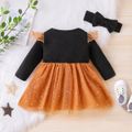 2pcs Baby Girl Football and Letter Print Long-sleeve Splicing Glitter Mesh Dress with Headband Set Brown