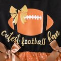 2pcs Baby Girl Football and Letter Print Long-sleeve Splicing Glitter Mesh Dress with Headband Set Brown