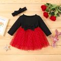 2pcs Baby Girl Ribbed Bowknot Long-sleeve Splicing Mesh Dress Set Black