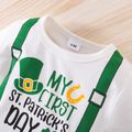 St. Patrick's Day 2pcs Baby Boy/Girl Four-leaf Clover and Letter Print Faux-two Long-sleeve Jumpsuit with Hat Set Green