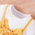 2pcs Baby Girl Polka Dots Faux-two Ribbed Short-sleeve Bowknot Ruffle Jumpsuit with Headband Set Yellow