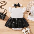 2pcs Baby Girl Ribbed Splicing Faux Leather Bowknot Flutter-sleeve Romper Dress with Headband Set Black