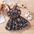 2pcs Baby Girl Floral Print Denim Spaghetti Strap Crop Top and Belted Layered Skirt Set Blue