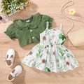 2pcs Baby Girl All Over Plants Print Spaghetti Strap Dress and Textured Ruffle Peter Pan Collar Puff-sleeve Cardigan Set Green