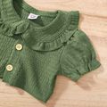 2pcs Baby Girl All Over Plants Print Spaghetti Strap Dress and Textured Ruffle Peter Pan Collar Puff-sleeve Cardigan Set Green