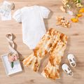 3pcs Baby Girl Letter Print Ribbed Puff-sleeve Romper and Tie Dye Flared Pants with Headband Set White