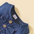 Baby Girl Button Design Imitation Denim Splicing Floral Print Sleeveless Tank Dress Blue