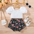 2pcs Baby Girl Bowknot Puff-sleeve Shirred Crop Top and Floral Print Denim Shorts Set White