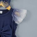 2-teiliges Baby-Mädchen-Bogen-Front-Flatter-Ärmel-Sternennetz-Partykleid mit Stirnband-Set Marine