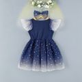 2pcs Baby Girl Bow Front Flutter-sleeve Starry Mesh Party Dress with Headband Set Navy