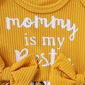 2pcs Baby Girl Rib Knit Puff-sleeve Letter & Butterfly Print Layered Romper with Headband Set Yellow