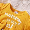 2pcs Baby Girl Rib Knit Puff-sleeve Letter & Butterfly Print Layered Romper with Headband Set Yellow