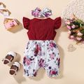 Floral Party Baby Girl 2pcs Ribbed Ruffle Decor Floral Print Flutter-sleeve Red Romper with Headband Set Burgundy