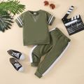 2pcs Toddler Boy Casual Striped Tee and Colorblock Pants Set Army green