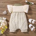 Touch The Clouds Baby Girl 100% Cotton 2pcs Plaid Lace Splice Flutter-sleeve Beige Romper with Headband Set Beige