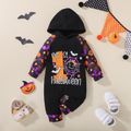 Halloween Baby Boy/Girl Allover Raglan-sleeve Spider Web & Letter Print Hooded Jumpsuit Black