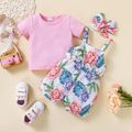 3pcs Baby Girl Solid Short-sleeve Tee and Allover Plant Print Overalls Shorts with Headband Set Pink
