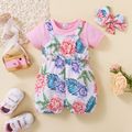 3pcs Baby Girl Solid Short-sleeve Tee and Allover Plant Print Overalls Shorts with Headband Set Pink