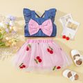 Summer Picnic Baby Girl 2pcs Denim Bow Decor Flutter-sleeve Blue Top and Cherry Embroidery Allover Mesh Layered Pink Skirt Set Light Blue