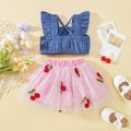 Summer Picnic Baby Girl 2pcs Denim Bow Decor Flutter-sleeve Blue Top and Cherry Embroidery Allover Mesh Layered Pink Skirt Set Light Blue