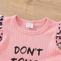 2pcs Baby Girl Leopard Flutter-sleeve Letter Print Rib Knit Bell Bottom Jumpsuit with Headband Set Pink