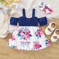 2pcs Baby Girl Floral Print Spliced Solid Cold Shoulder Puff-sleeve Bow Front Cut Out Shirred Dress with Headband Set Dark Blue