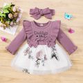 2pcs Baby Girl 95% Cotton Long-sleeve Rib Knit Ruffle Trim Bowknot Spliced Butterfly Embroidered Mesh Dress with Headband Set Purple image 1