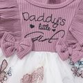 2pcs Baby Girl 95% Cotton Long-sleeve Rib Knit Ruffle Trim Bowknot Spliced Butterfly Embroidered Mesh Dress with Headband Set Purple image 5