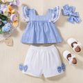100% Cotton Baby Girl 3pcs Heart Striped Flutter-sleeve Blue Top and Bow Decor White Shorts with Headband Set Light Blue