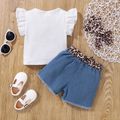 3pcs Baby Girl 95% Cotton Flutter-sleeve Figure Print Tee and Leopard Belted Frayed Denim Shorts with Headband Set White