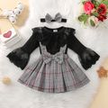 3pcs Baby Girl 95% Cotton Rib Knit Spliced Lace Ruffle Long-sleeve Romper and Bow Front Plaid Suspender Skirt with Headband Set Black image 1
