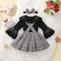 3pcs Baby Girl 95% Cotton Rib Knit Spliced Lace Ruffle Long-sleeve Romper and Bow Front Plaid Suspender Skirt with Headband Set Black image 2