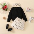 2pcs Toddler Girl Off Shoulder Textured Long-sleeve Black Tee and Heart Print Belted Corduroy Skirt Set White image 3