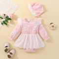 Baby Girl 100% Cotton 2pcs Floral Ruffle Decor Embroidery Layered Long-sleeve Pink Romper with Hat Set Pink image 2