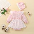 Baby Girl 100% Cotton 2pcs Floral Ruffle Decor Embroidery Layered Long-sleeve Pink Romper with Hat Set Pink image 3