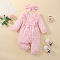 Baby Girl 100% Cotton Floral Ruffle and Bow Decor Long-sleeve Pink Jumpsuit with Headband Set Pink image 2