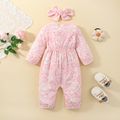 Baby Girl 100% Cotton Floral Ruffle and Bow Decor Long-sleeve Pink Jumpsuit with Headband Set Pink image 3