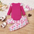 3pcs Baby Girl 95% Cotton Long-sleeve Letter Print Rib Knit Romper and Allover Floral Print Pants with Headband Set Hot Pink