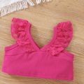 2pcs Baby Girl 95% Cotton Rib Knit Spliced V Neck Lace Tank Crop Top and Allover Floral Print Shorts Set Hot Pink